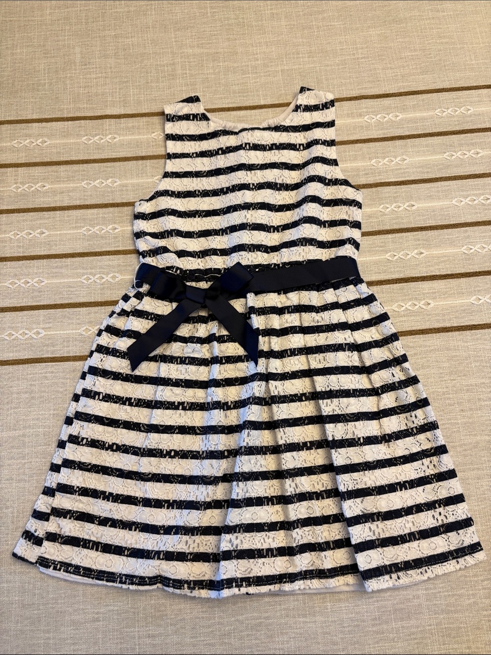 Maison Jules Navy and White Striped Lace Bow Dress